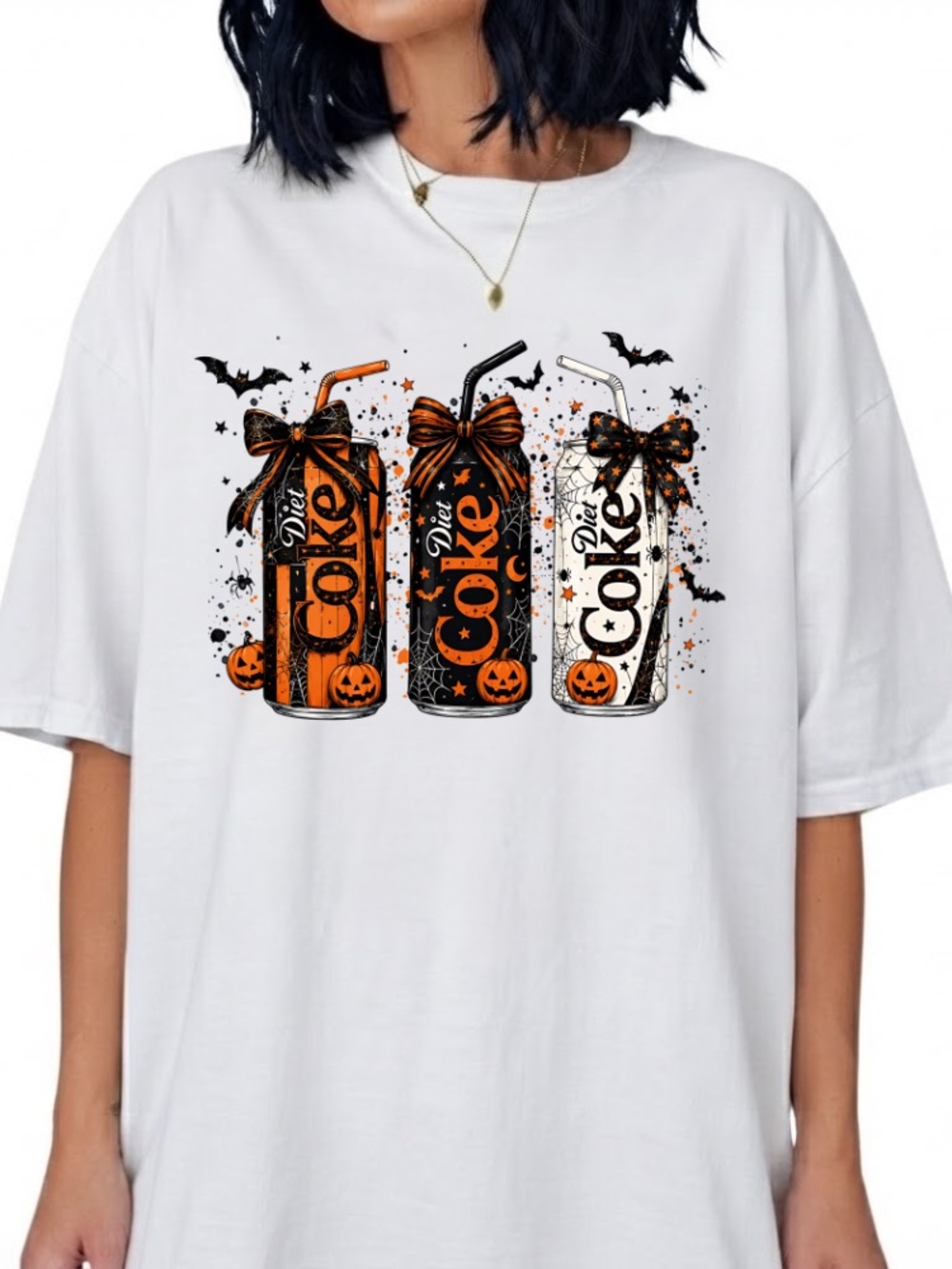 Diet Coke Halloween Bats Pumpkins Bows Spooky Vintage White T-Shirt